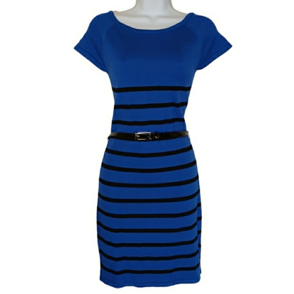 COOL ATTITUDE Blue Black Striped Short Sleeve Belted Knit Dress Medium NWT